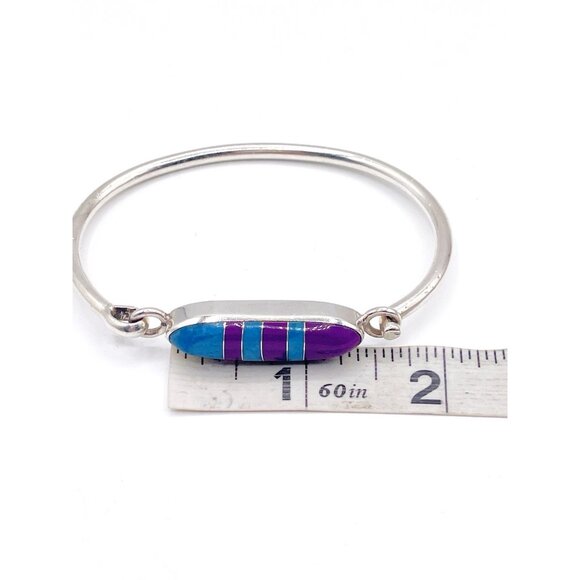 VTG 925 Sterling Silver Turquoise & Sugilite Inlay Hinged Bangle Bracelet Mexico - Picture 11 of 12